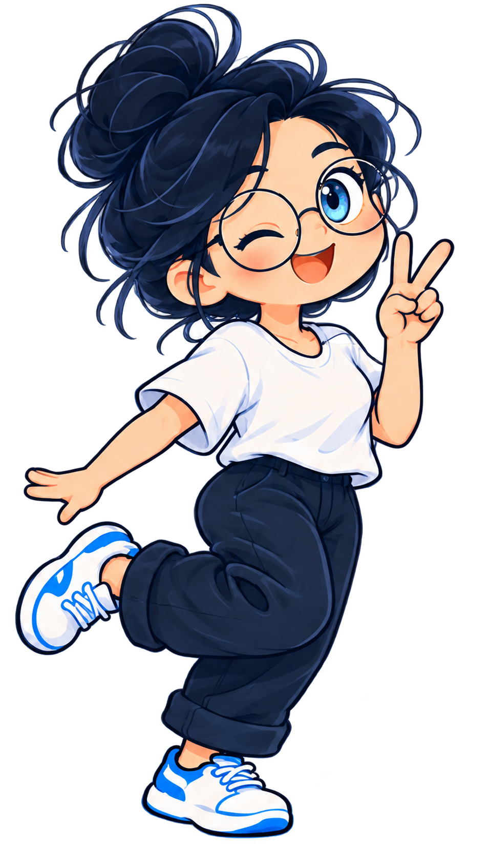 Luci, wearing round glasses and blue trainers, smiling and making a peace sign.